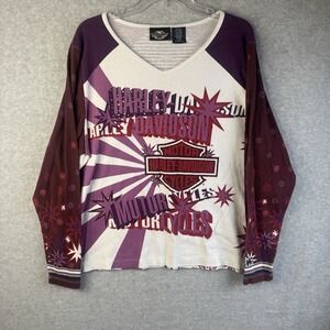 Vintage Y2K Harley Davidson Women's 2XL Long Sleeve Shirt Rhinestones Beaded